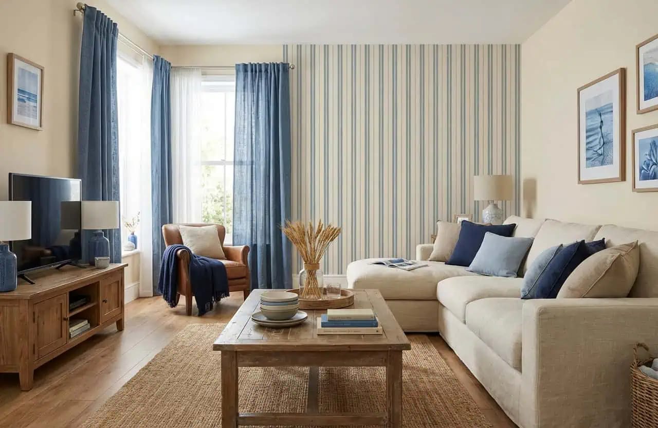 Strepen Behang in Zachtblauw en Linnen Beige — Rust & Ritme