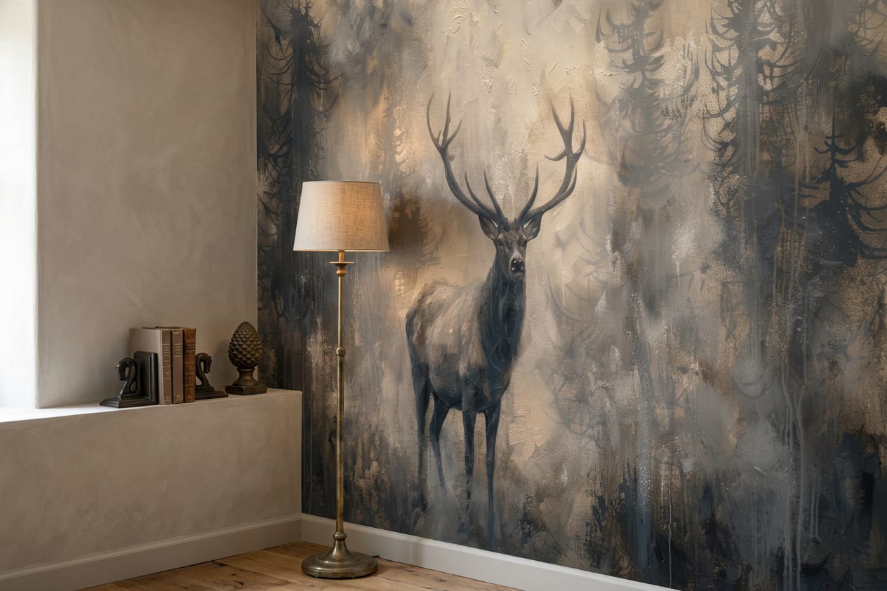 Bos Behang Met Edelheer in Mistig Taupe en Grijs