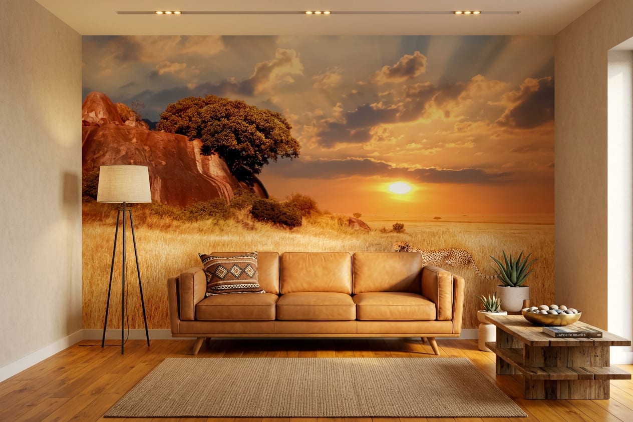 savanne behang goud woonkamer cheetah zonsondergang Afrikaans landschap