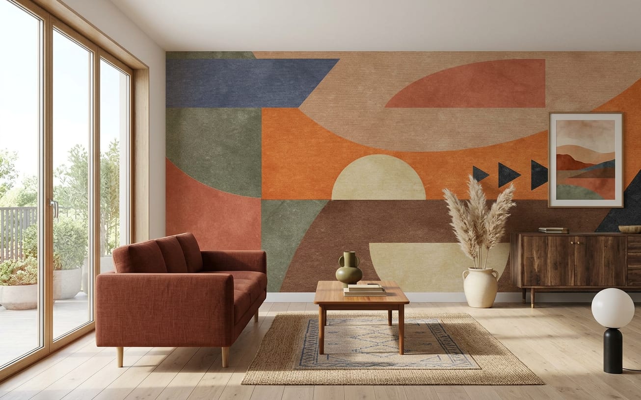 abstract behang geometrisch retro woonkamer bruin oranje tinten
