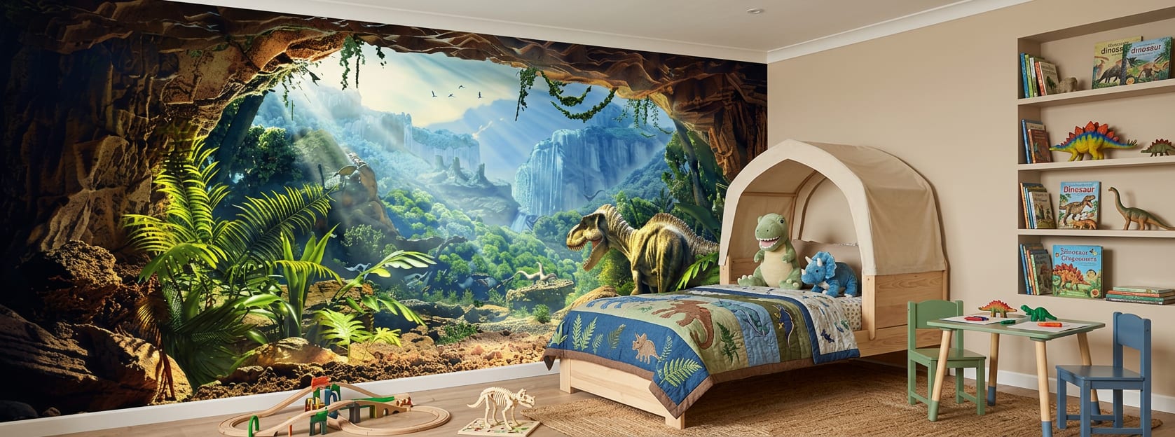 dino behang avontuur kinderkamer jungle groen blauw uitzicht grot max 100 chars