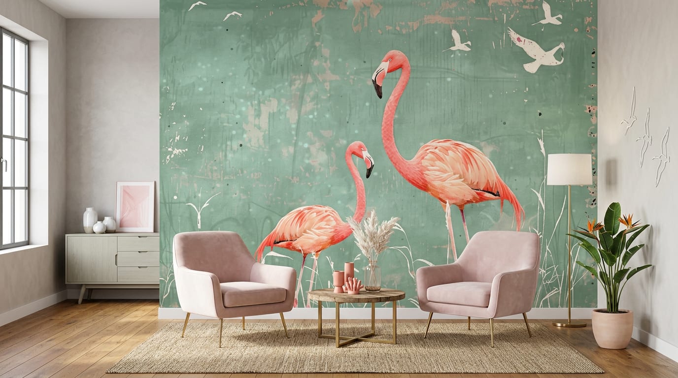 flamingo behang vintage groen woonkamer pastel roze stoelen