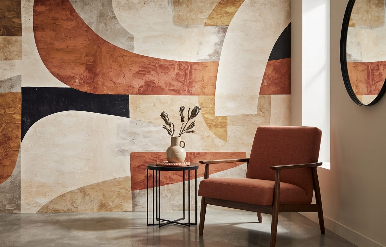 abstract behang terracotta structuur hal beige oranje tinten