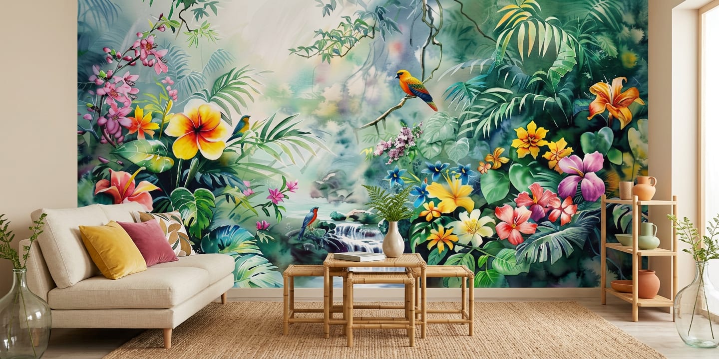 tropisch behang bloemen waterval woonkamer geel groen tinten