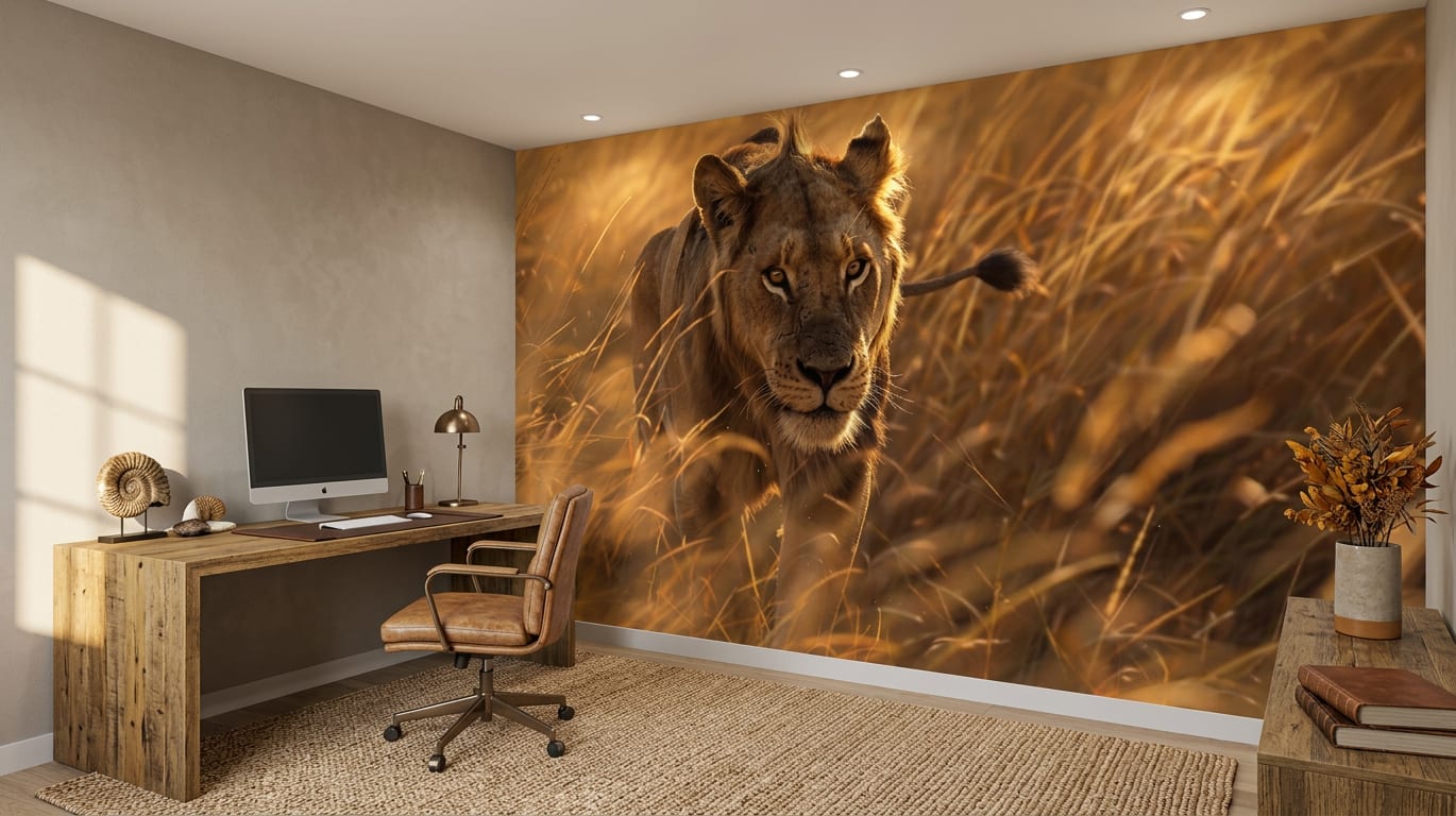 dieren behang savanne leeuw goud kantoor warm licht