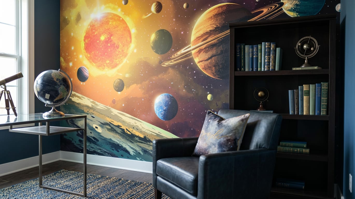 planeten behang warm kantoor geel oranje blauw muurdecoratie