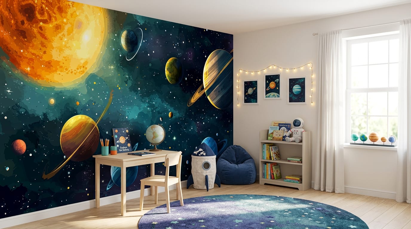 ruimte behang planeten diepblauw kinderkamer aquarelstijl