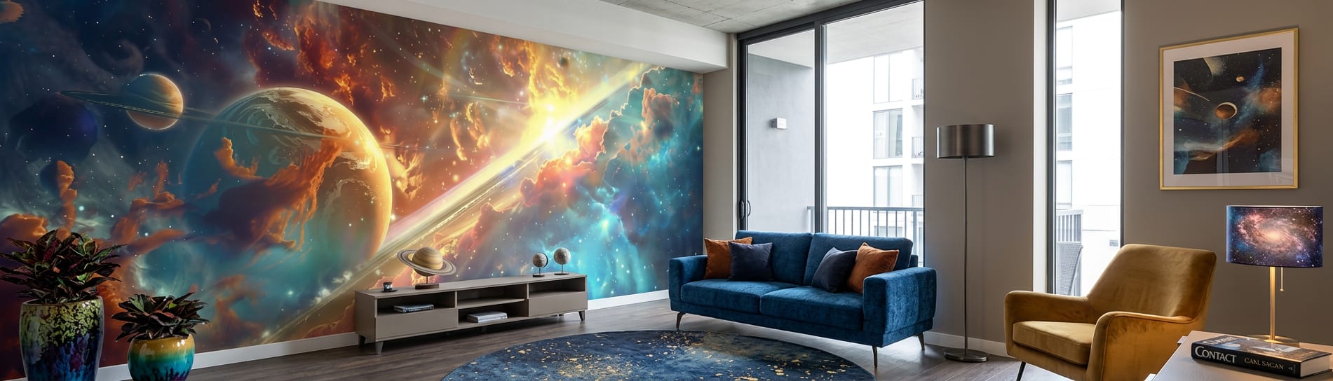 ruimte behang planeten goudblauw woonkamer sfeerbeeld