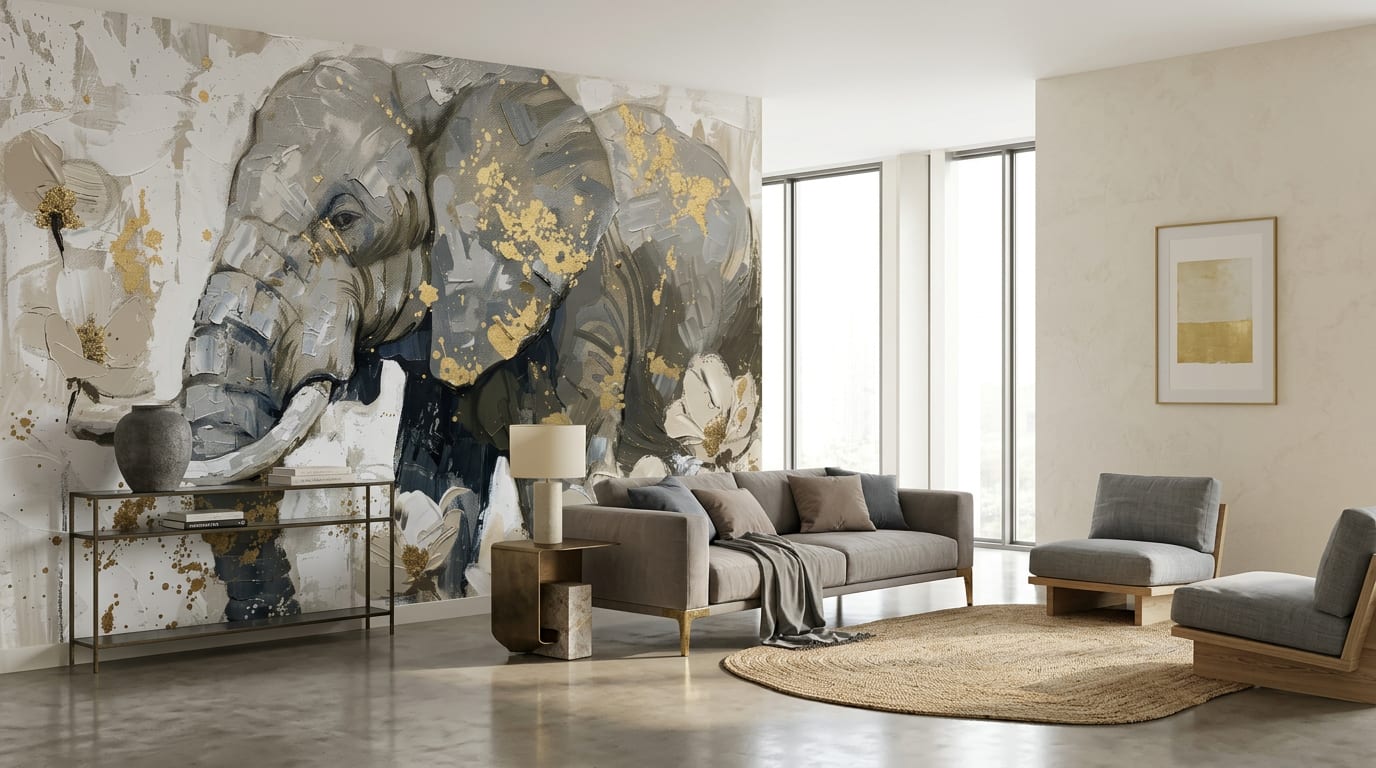dieren behang olifant goud productafbeelding neutraal grijs wit