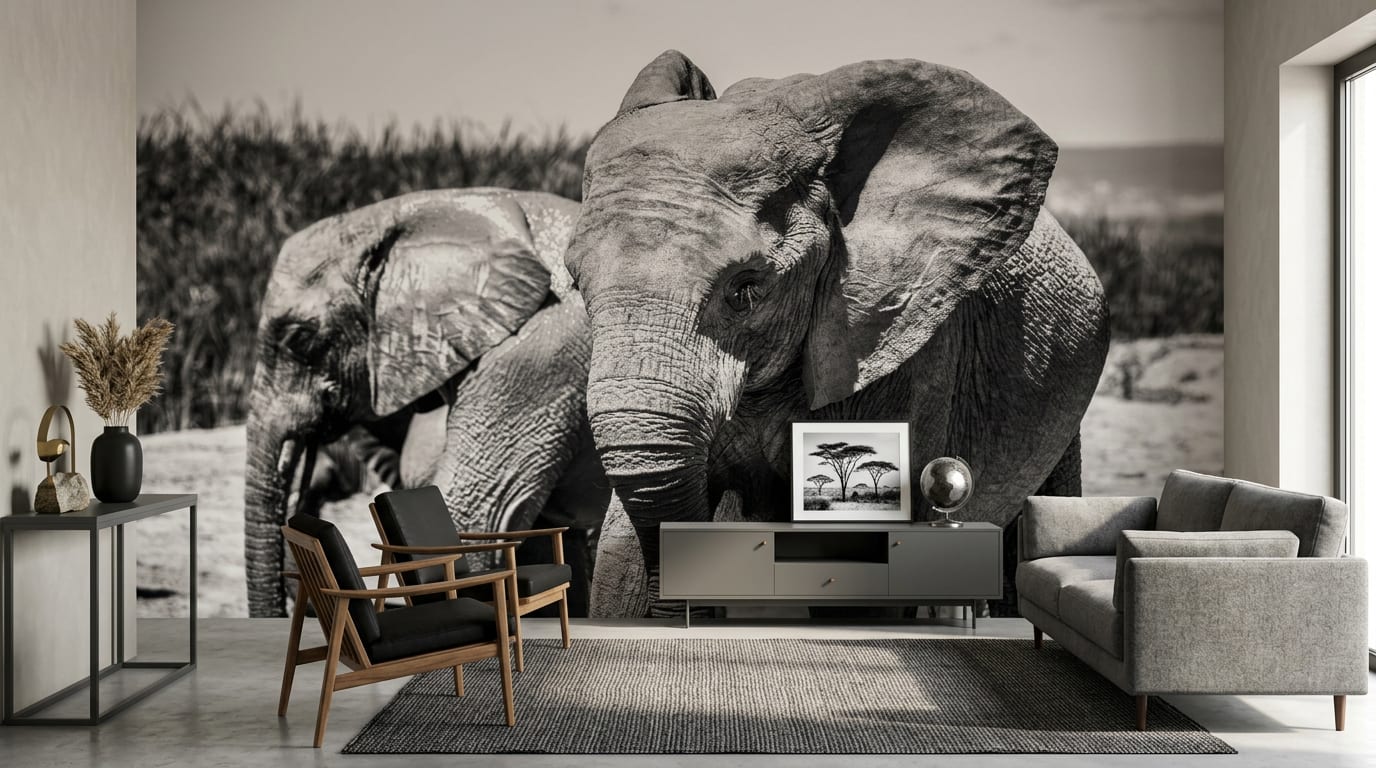 dieren behang olifant zwartwit woonkamer modern grijstinten