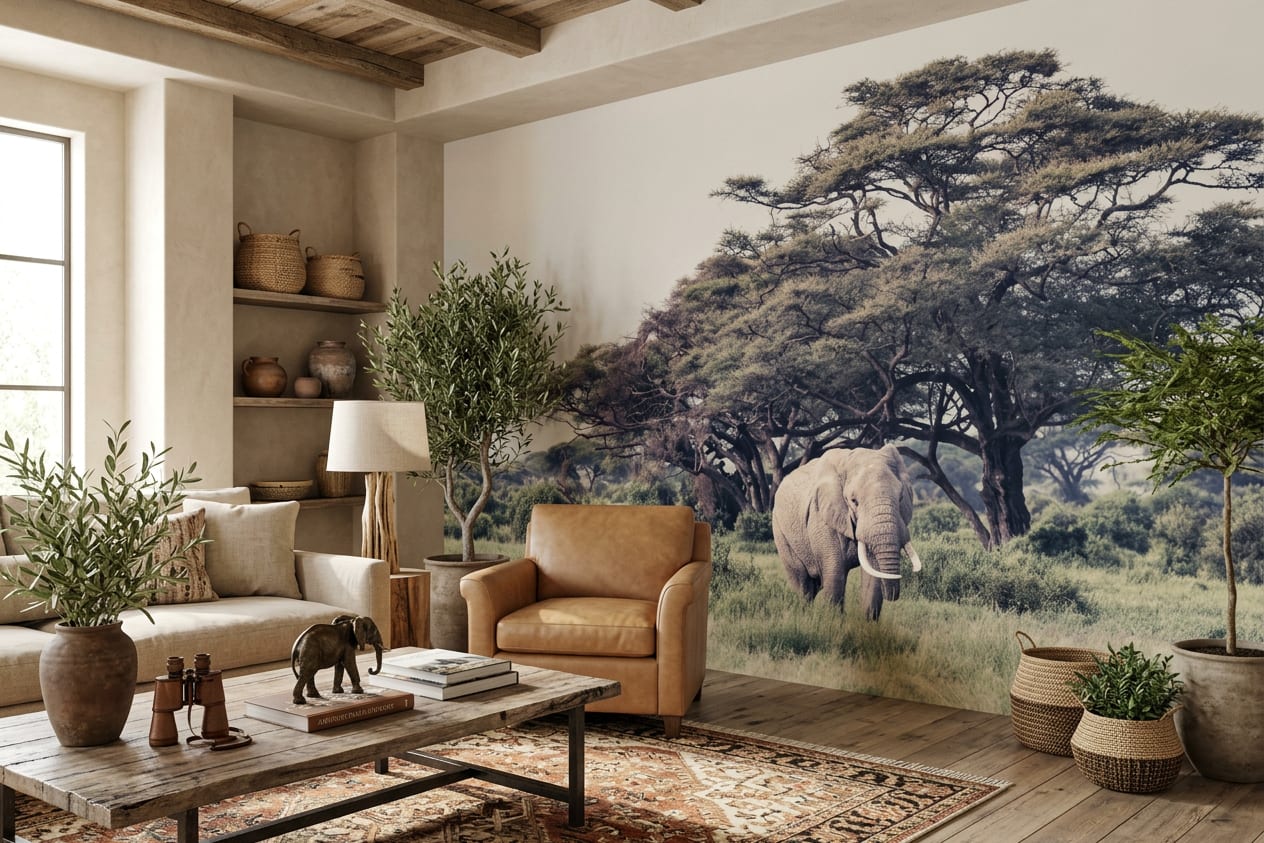 savanne behang olifant nevelig woonkamer zandbeige groen