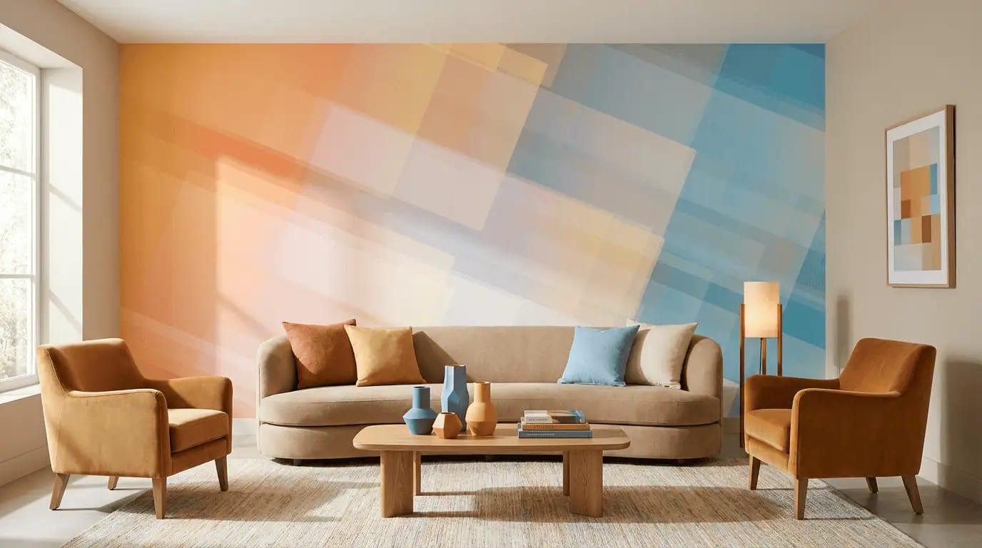 abstract behang oranje blauw achter bank in moderne woonkamer