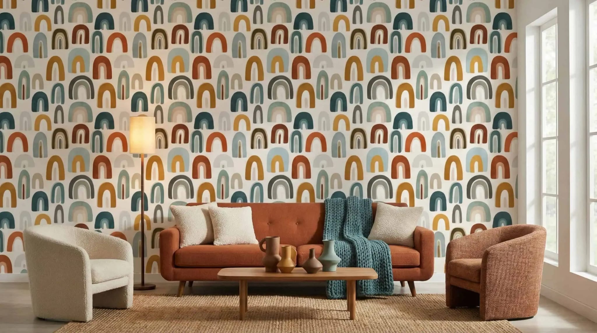 abstract regenboog behang achter bank in moderne woonkamer