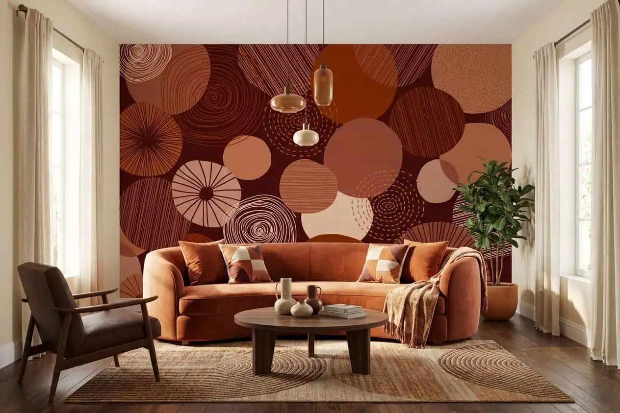 abstract behang terracotta achter bank in lichte woonkamer