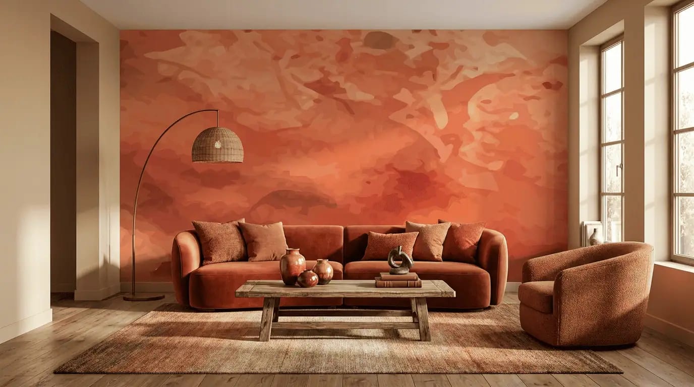 abstract behang terracotta achter bank in warme woonkamer