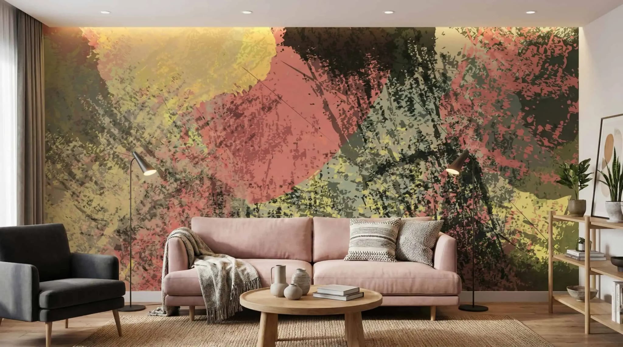 fotobehang abstracte ronde vormen achter roze bank in moderne woonkamer