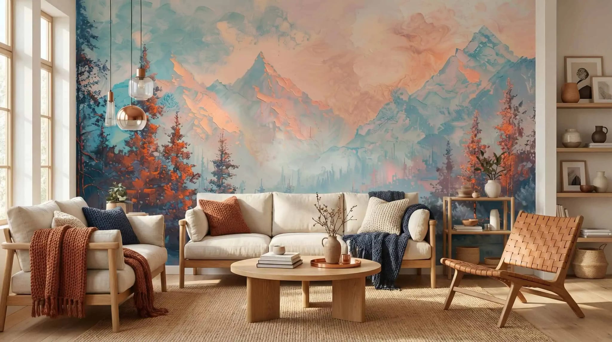 Fotobehang Artistiek Berglandschap in Blauw en Perzik