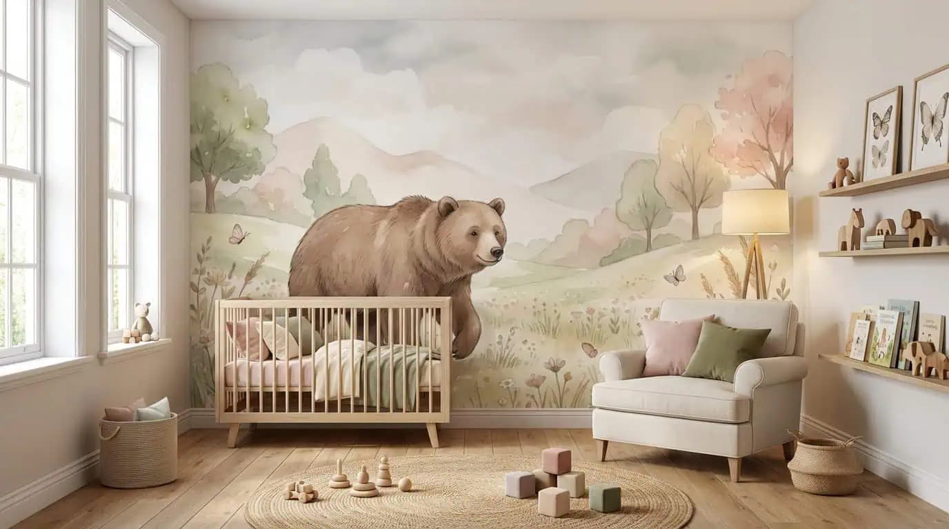 babykamer behang beer in pastel bos achter wiegje in babykamer