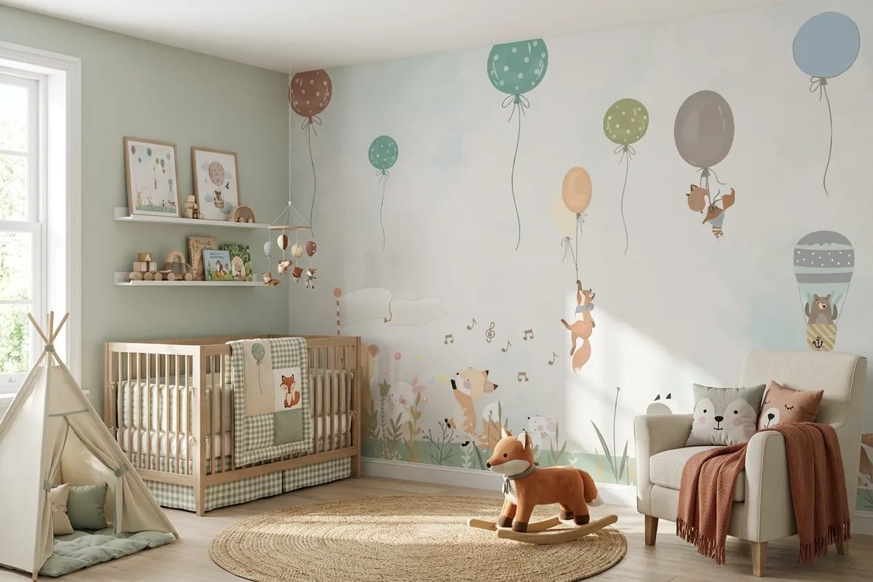 babykamer behang bosdieren ballon achter houten ledikant in kinderkamer