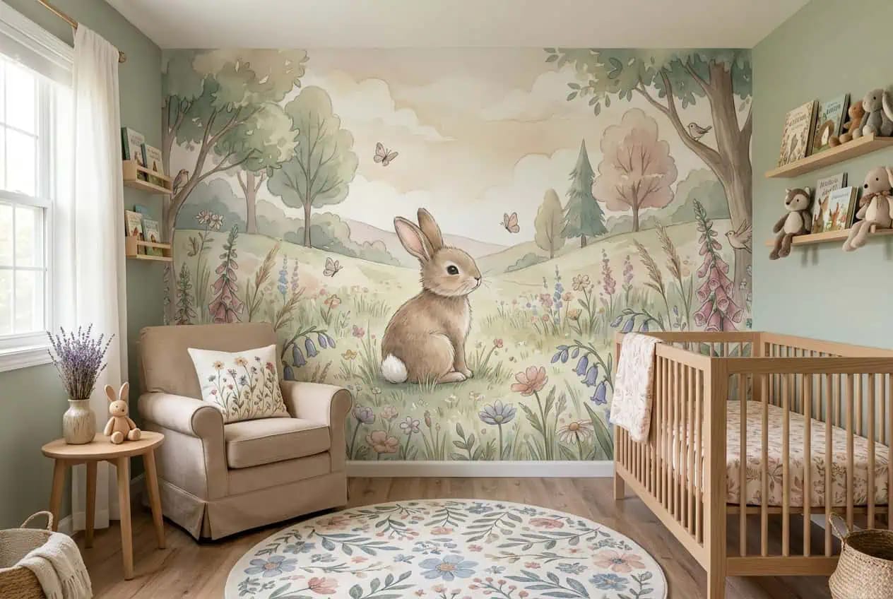 babykamer behang konijntje pastel achter wieg in kinderkamer