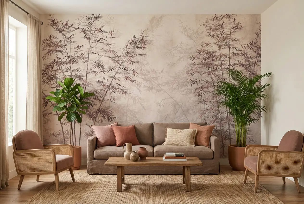 bamboe behang mistig beige achter bank in lichte woonkamer