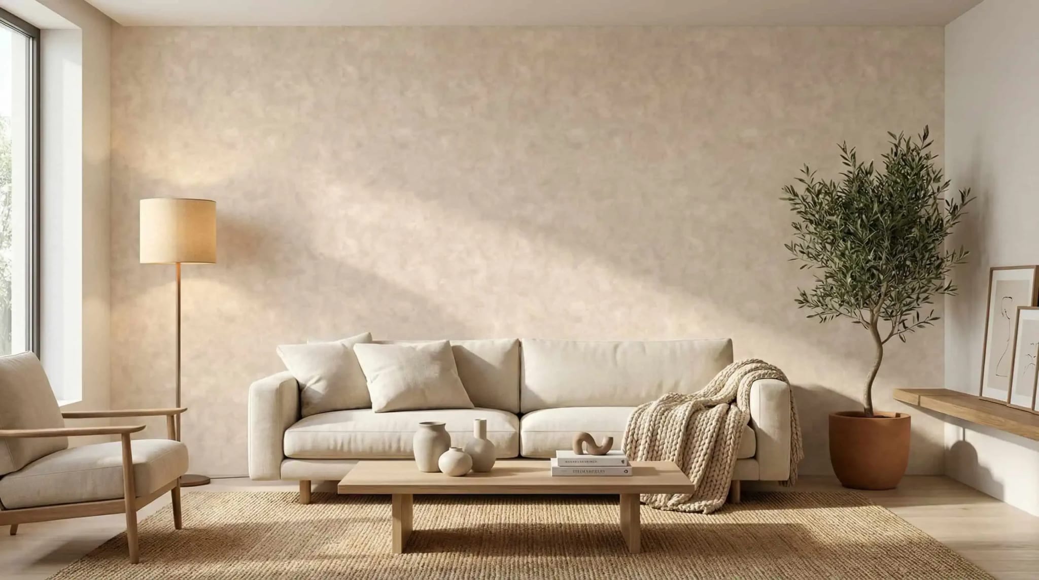 Beige Betonlook Behang met Zachte Kalkstructuur