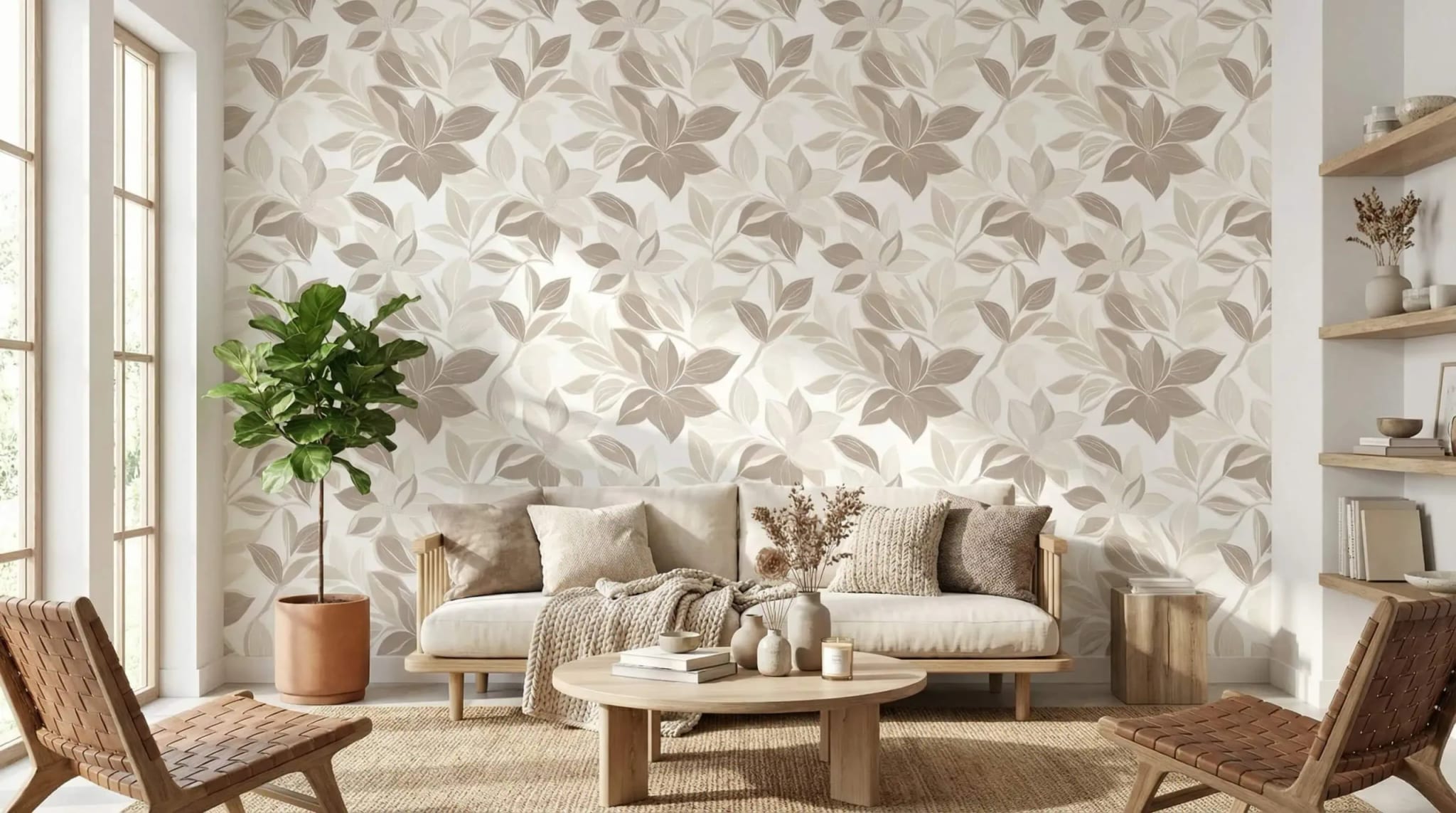 beige bloemen behang met grote bladeren achter bank in lichte woonkamer