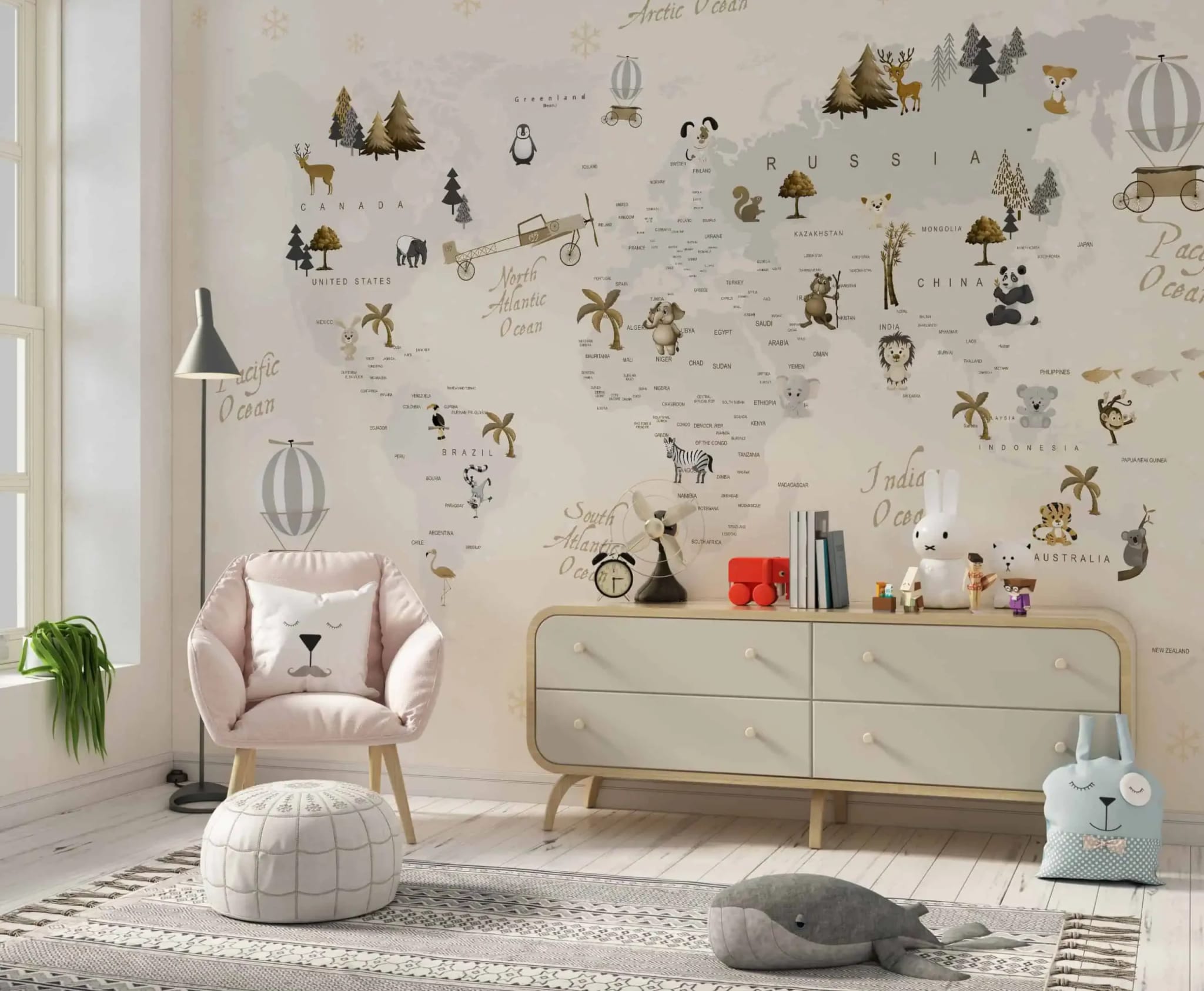 beige wereldkaart dieren kinderkamer behang in het interieur