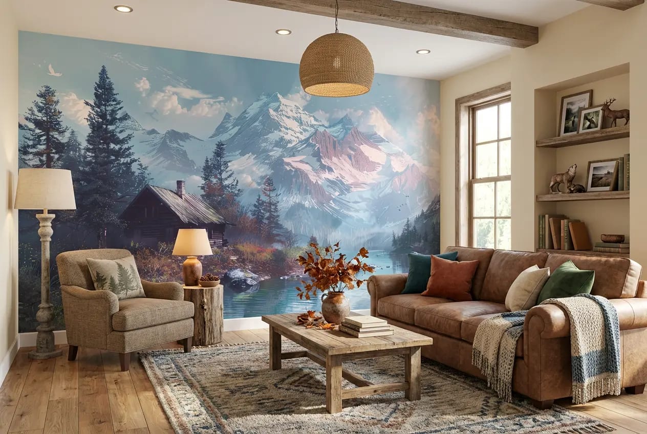 berg behang blauw achter leren bank in sfeervolle woonkamer