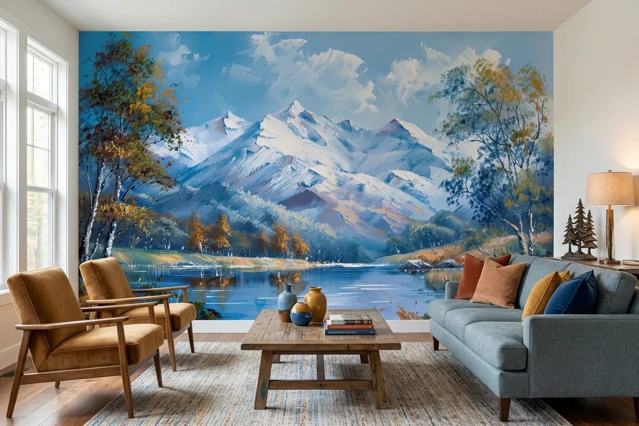 berg behang blauw achter bank en fauteuils in lichte woonkamer