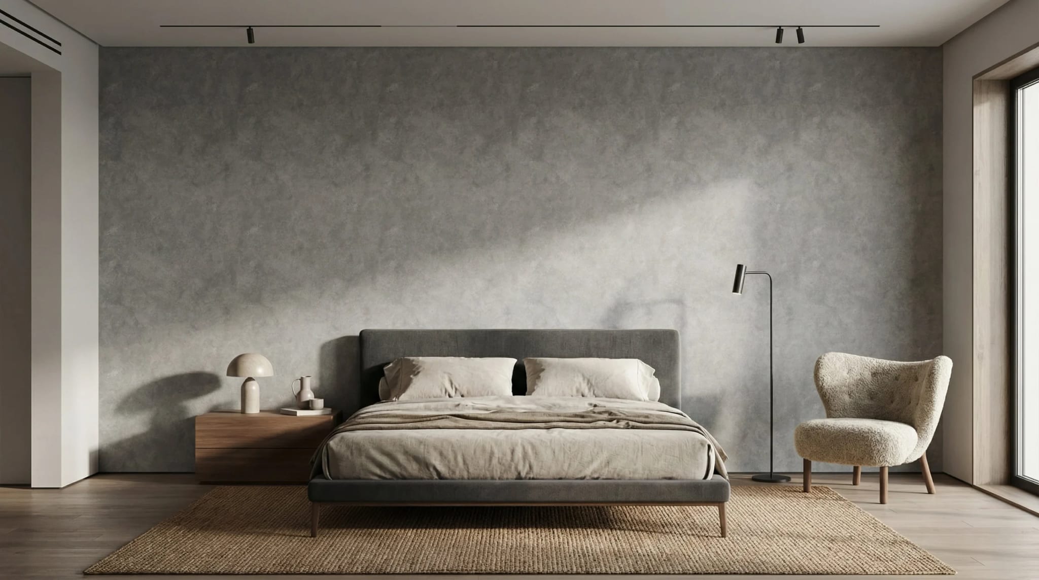koel grijs betonlook behang achter bed in moderne slaapkamer