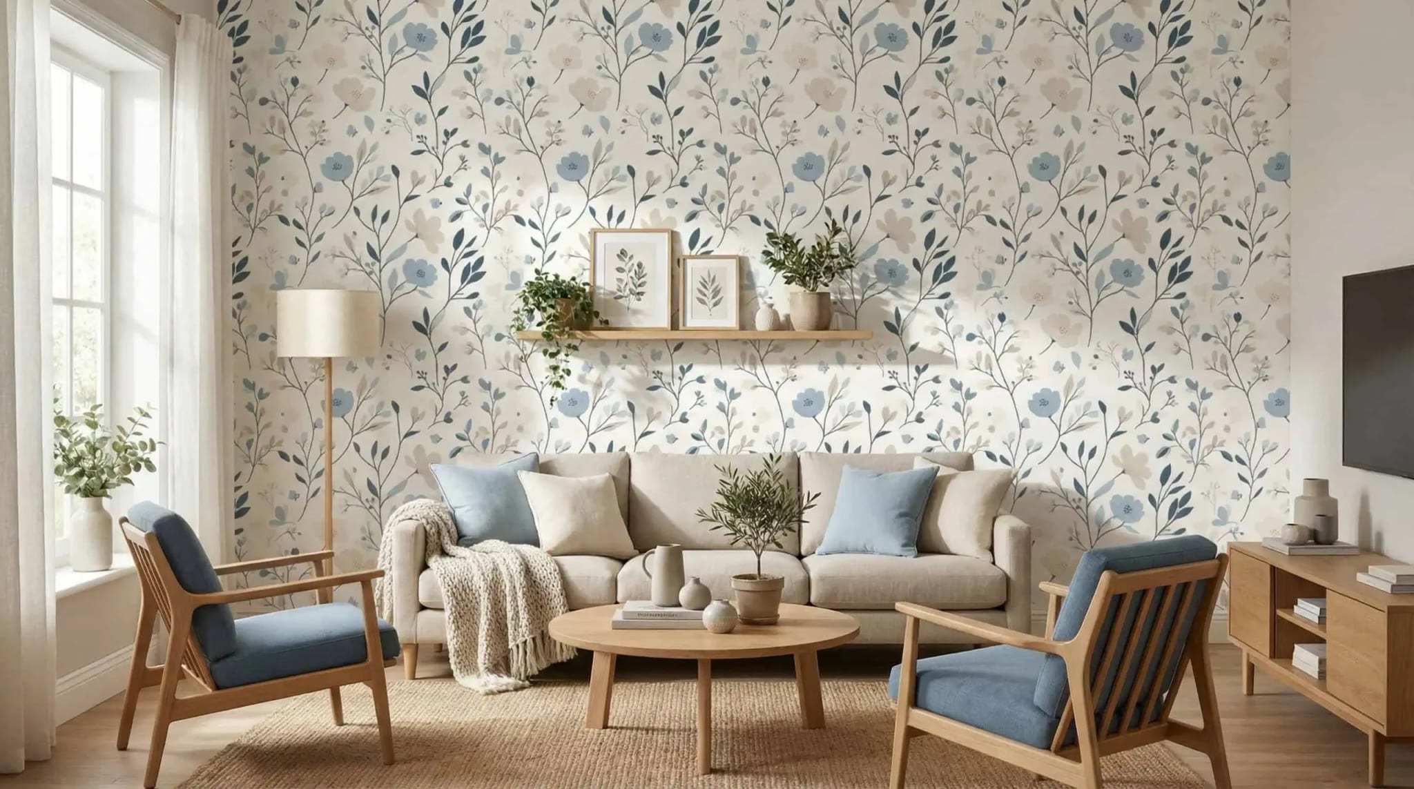 Scandinavisch blauw bloemen behang achter bank in lichte woonkamer
