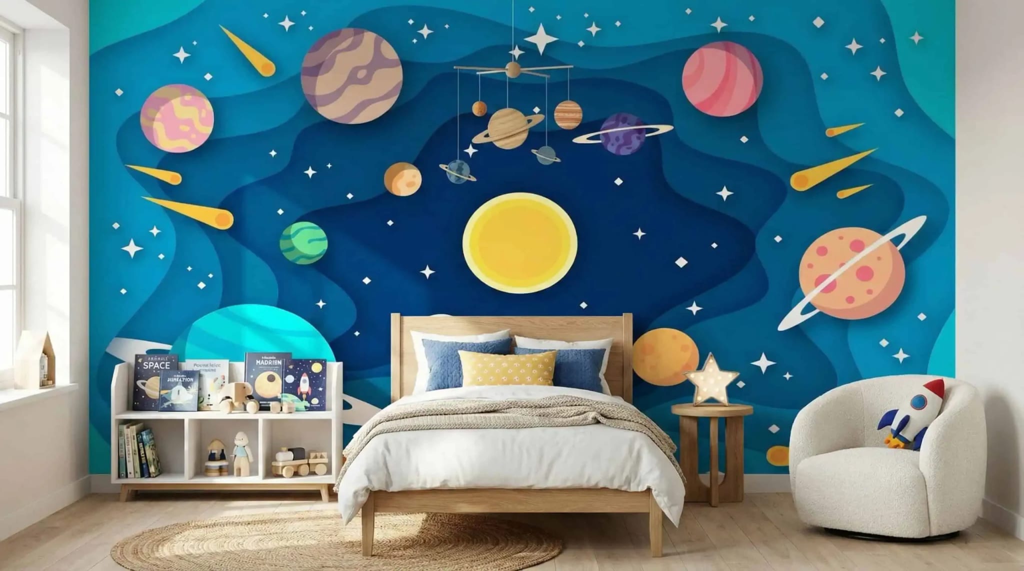 blauw ruimte planeten kinderkamer behang avontuur in de kinderkamer
