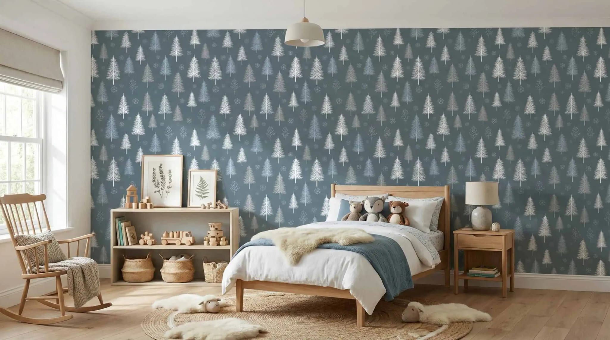 blauw winterbos dennen behang in de kinderkamer