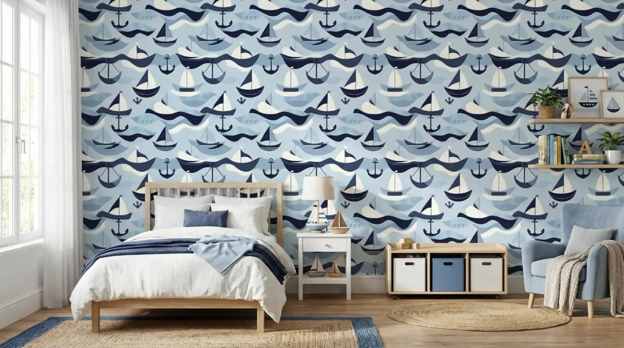 blauw zeilboot kinderkamer behang met golven in de kinderkamer