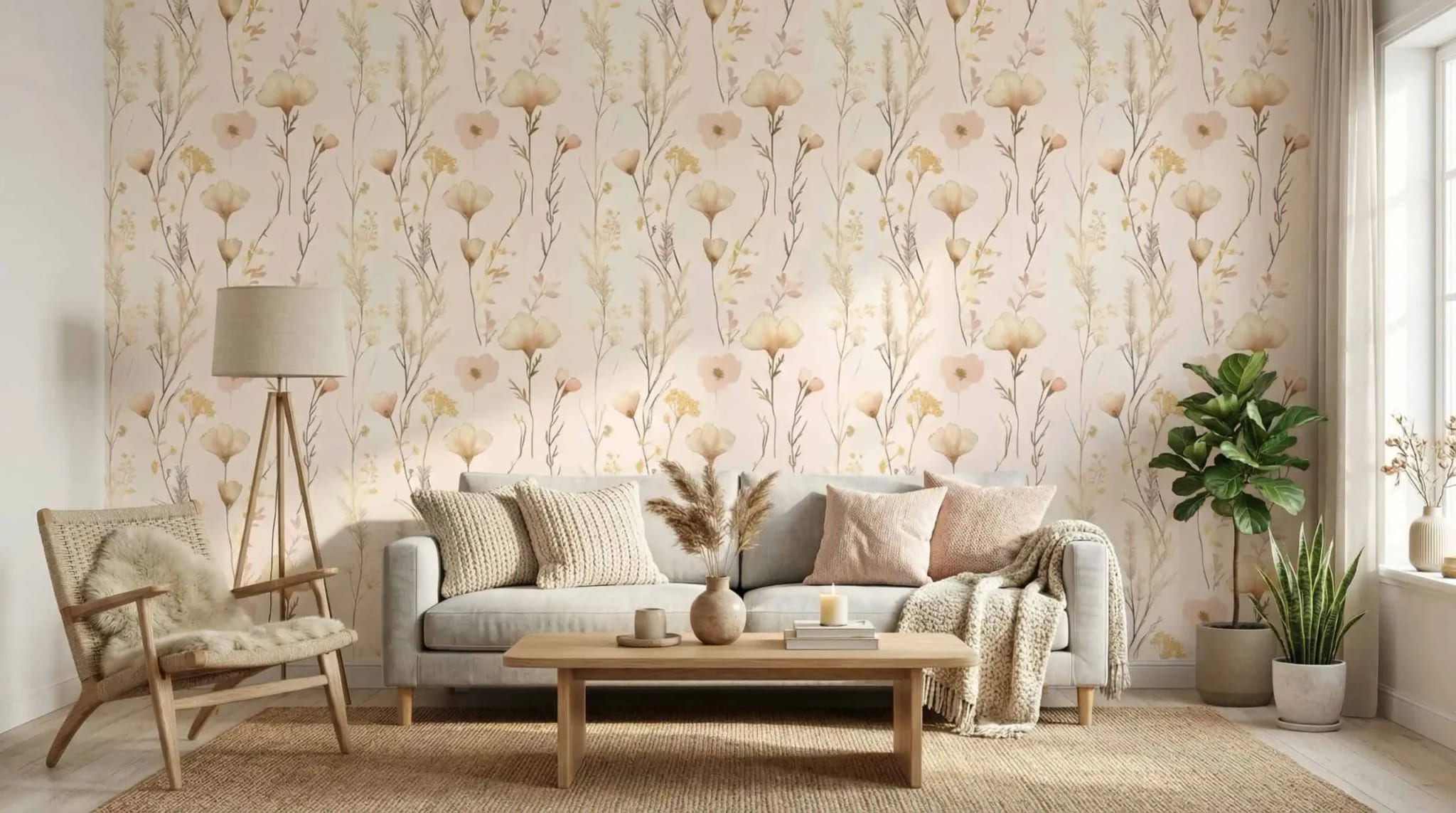 bloemen behang met zachte beige en gouden accenten in de woonkamer
