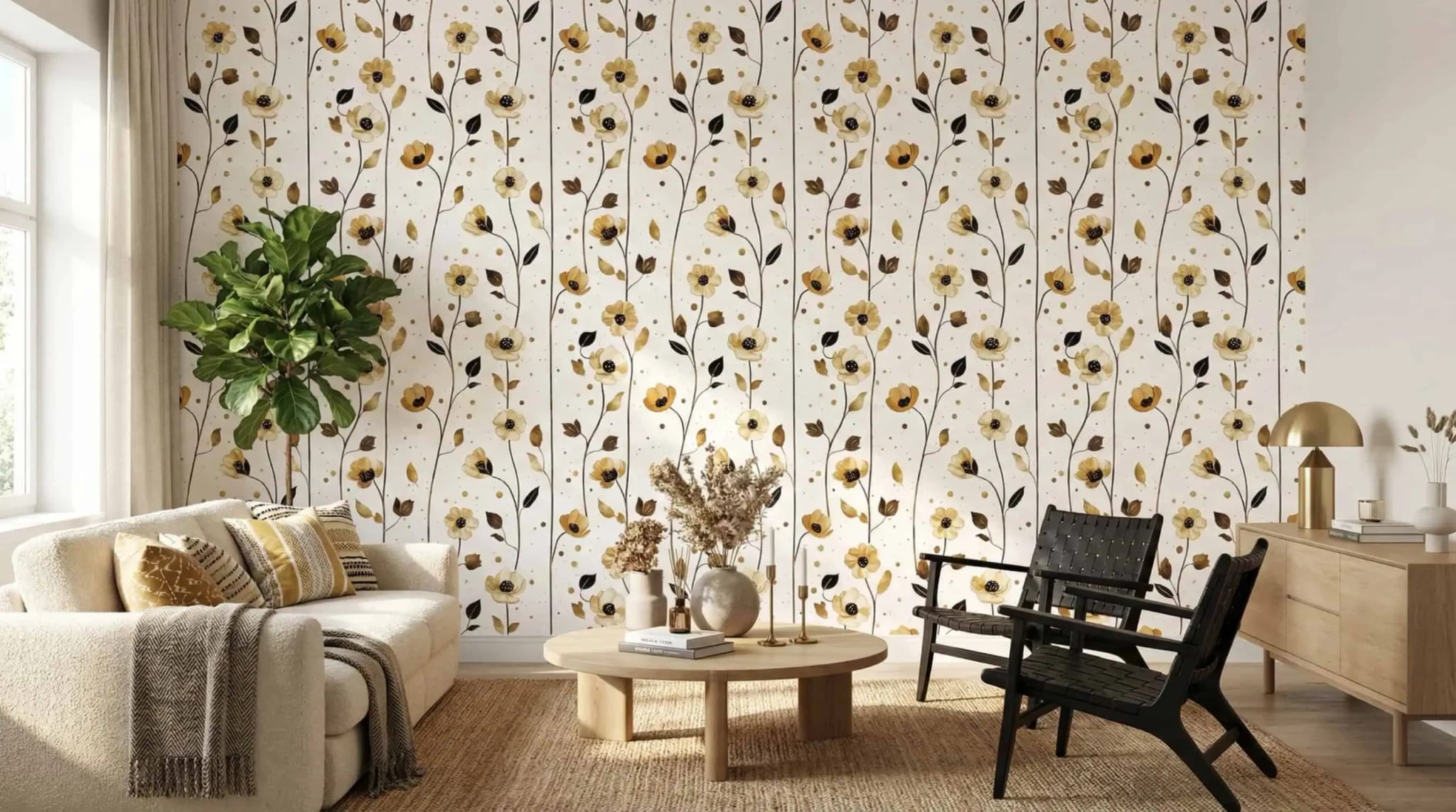 bloemen behang geel achter bank en stoelen in lichte woonkamer