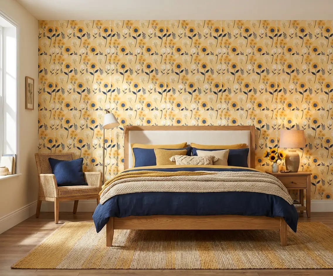 bloemen behang gele zonnebloemen achter bed in slaapkamer