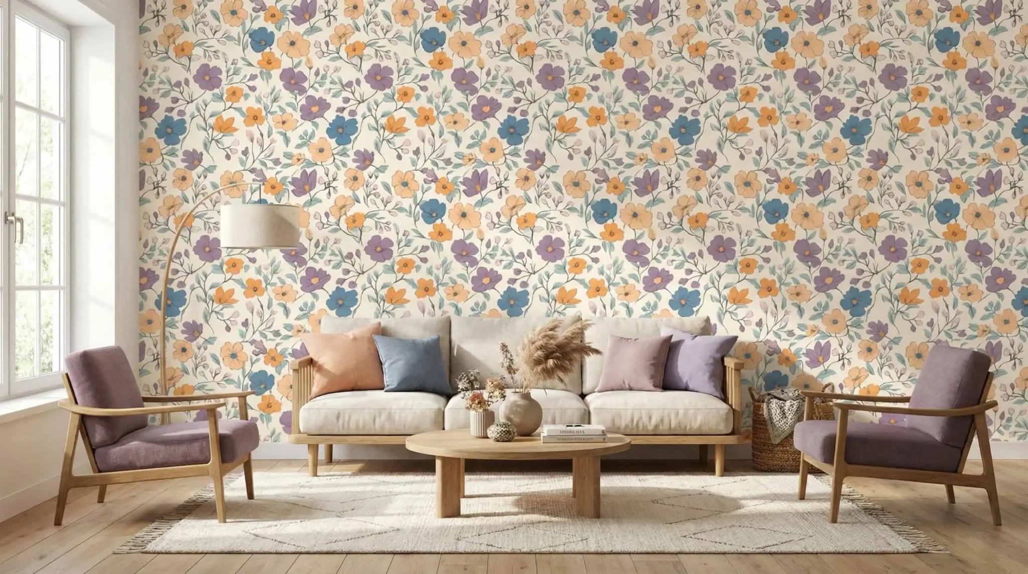speels bloemen behang in oker blauw en lila achter bank in lichte woonkamer