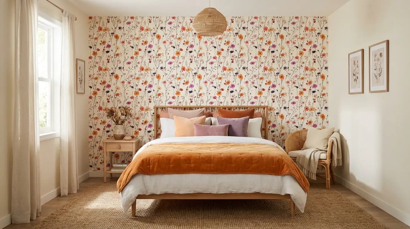 bloemen behang oranje roze paars achter bed in lichte slaapkamer