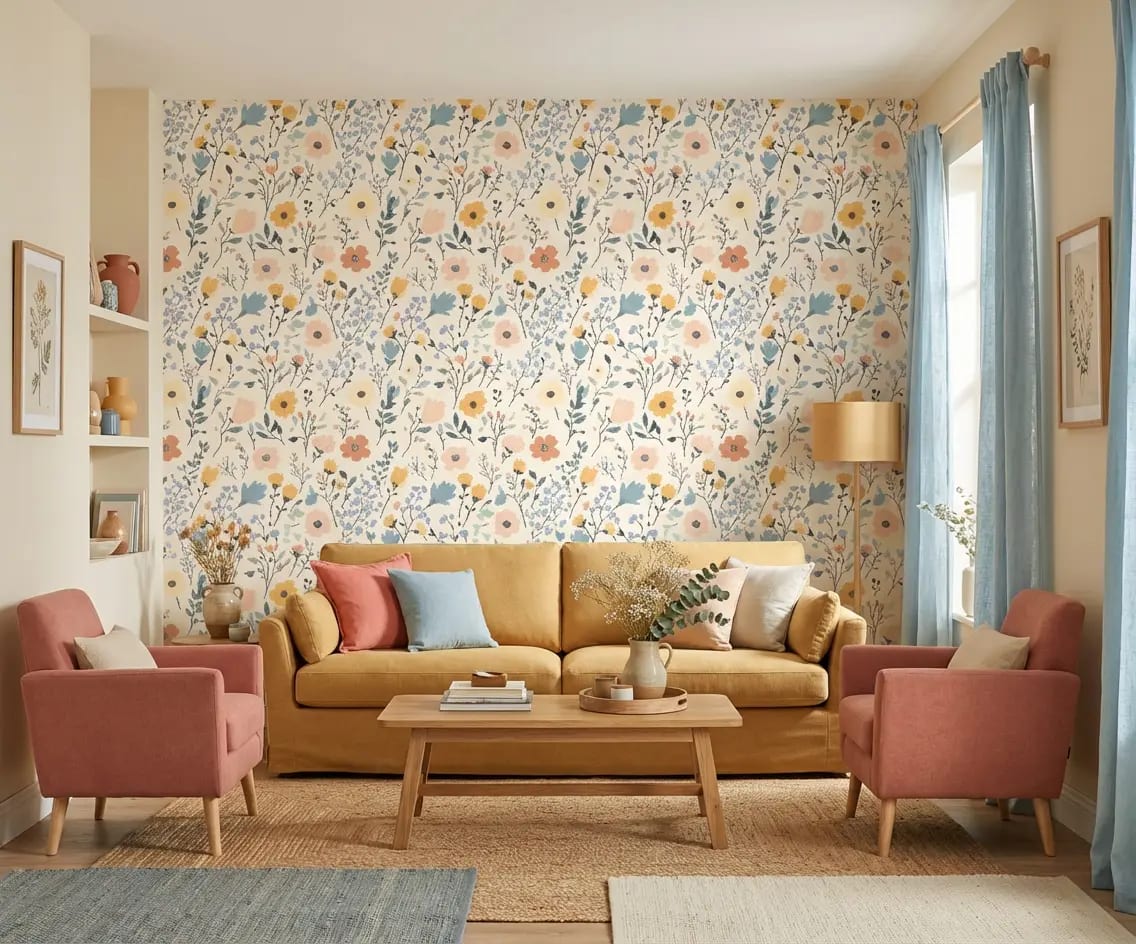 bloemen behang pastel geel blauw achter gele bank in lichte woonkamer