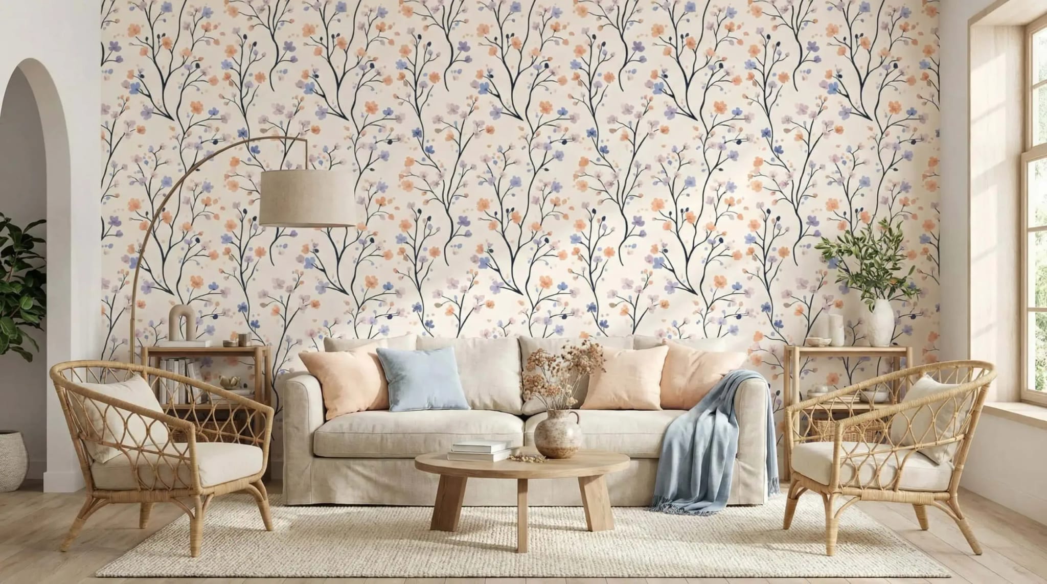 bloemen behang met perzik en lila takken achter bank in lichte woonkamer