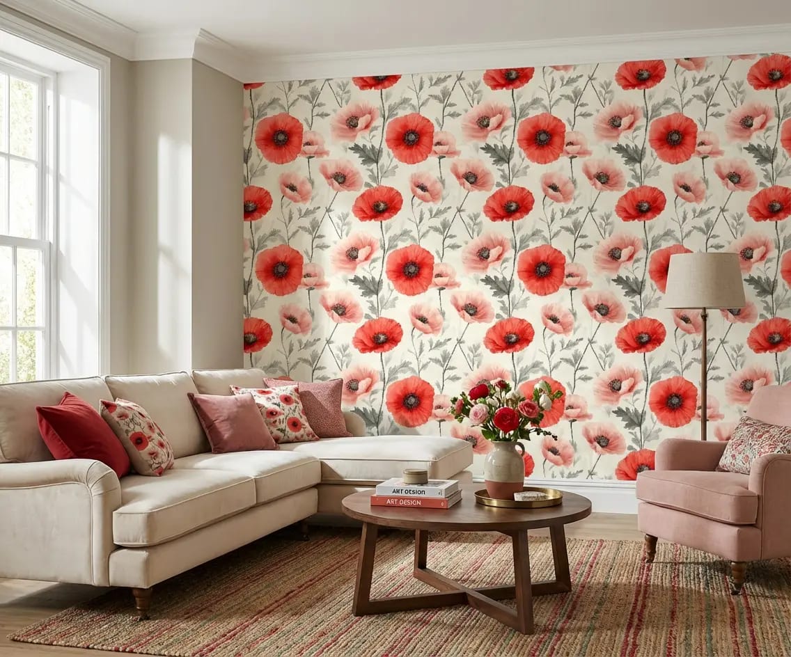 bloemen behang rode klaprozen achter hoekbank in lichte woonkamer
