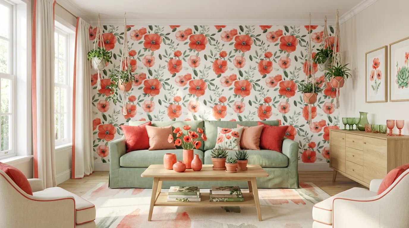 bloemen behang rode klaprozen achter bank in lichte woonkamer
