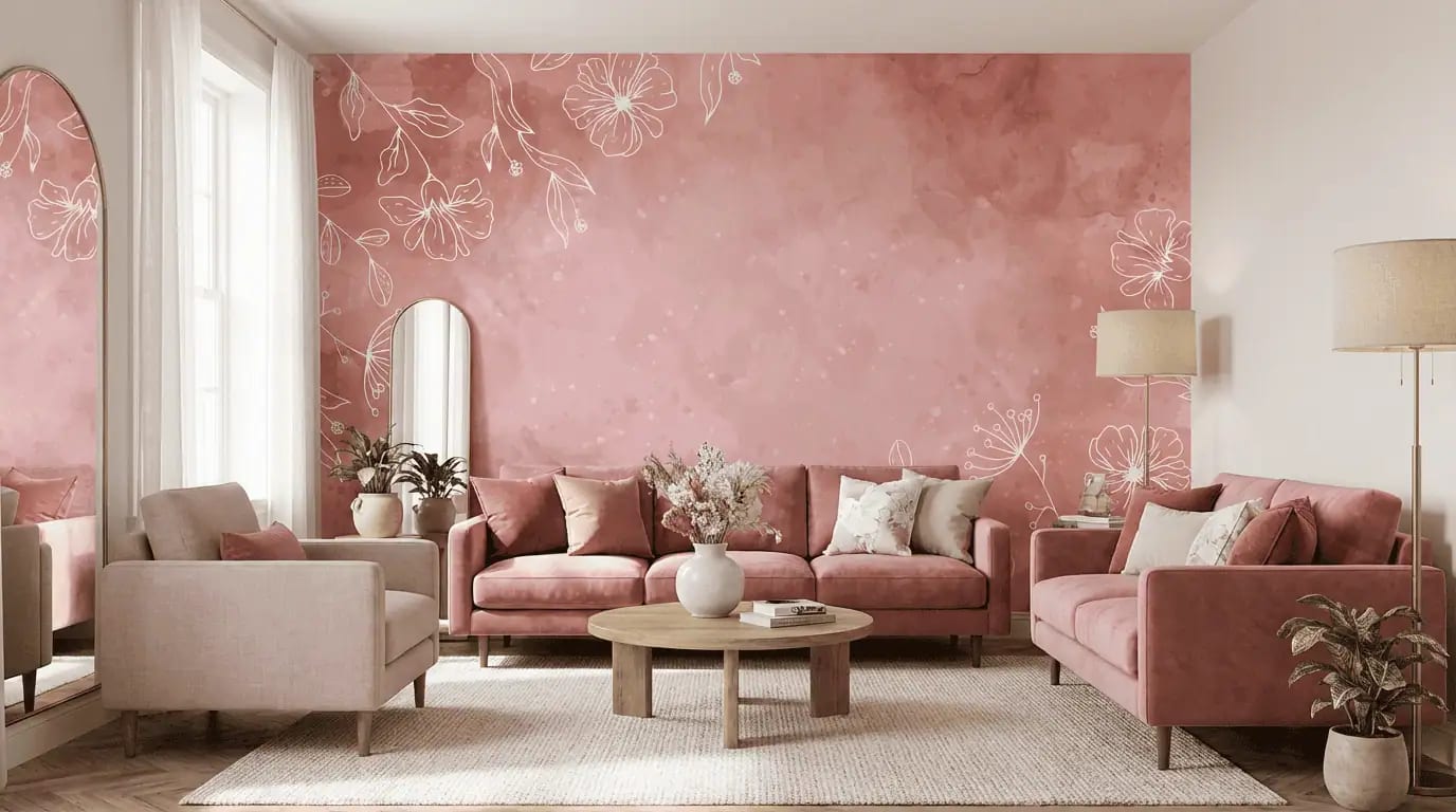 bloemen behang roze aquarel achter roze hoekbank in lichte woonkamer
