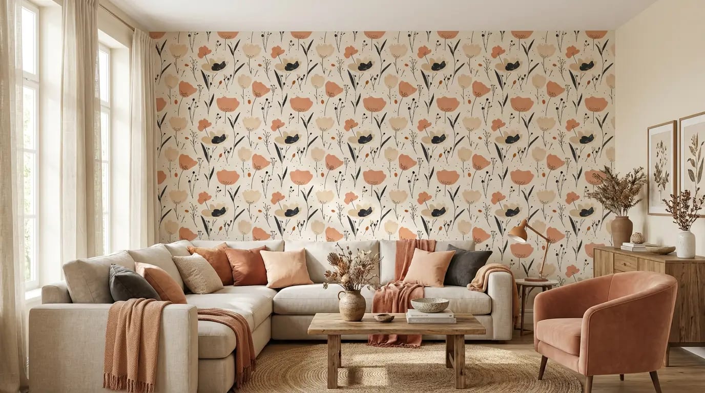 bloemen behang terracotta achter hoekbank in lichte woonkamer