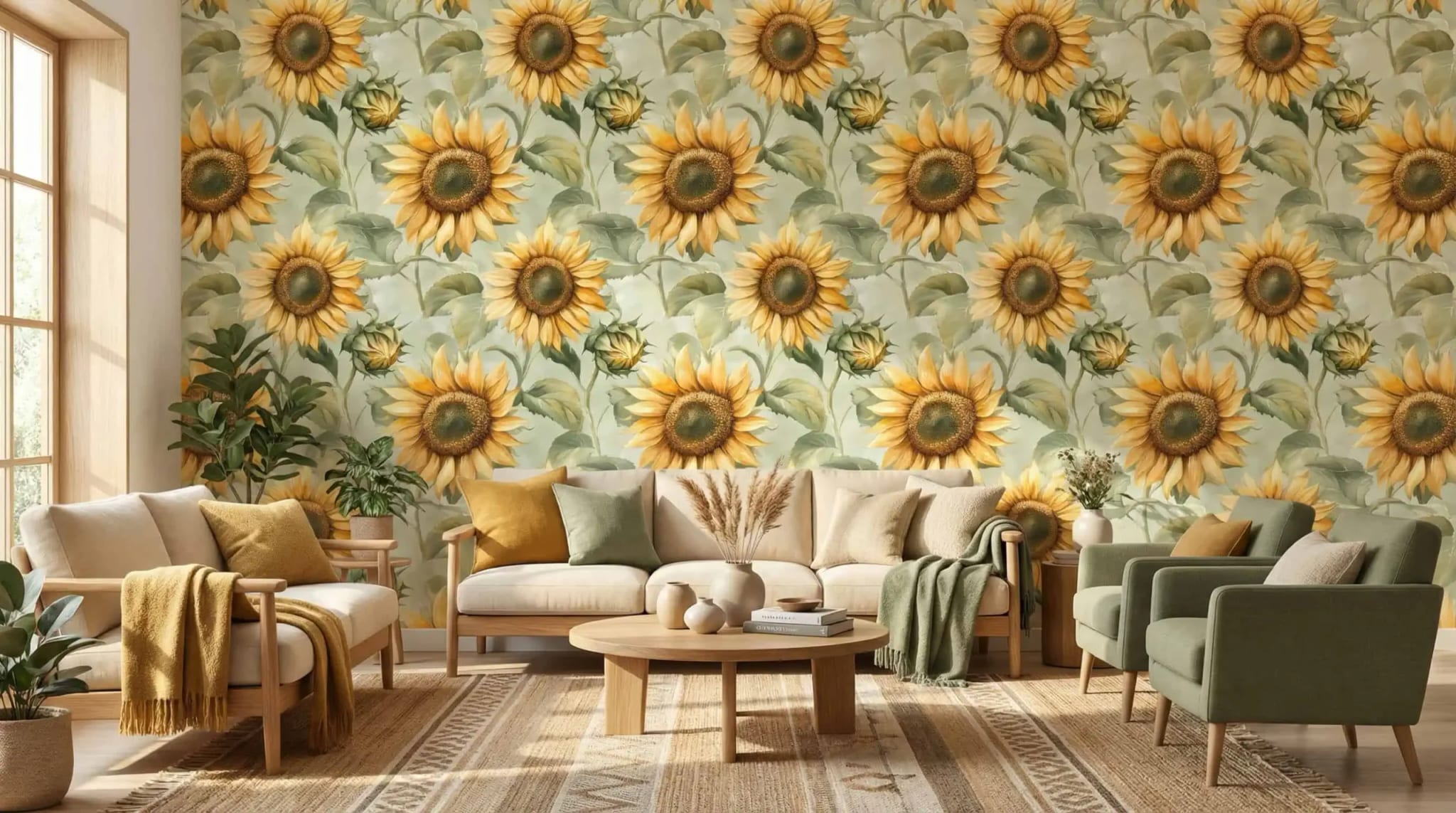 bloemen behang zonnebloemen groen-geel achter bank in woonkamer