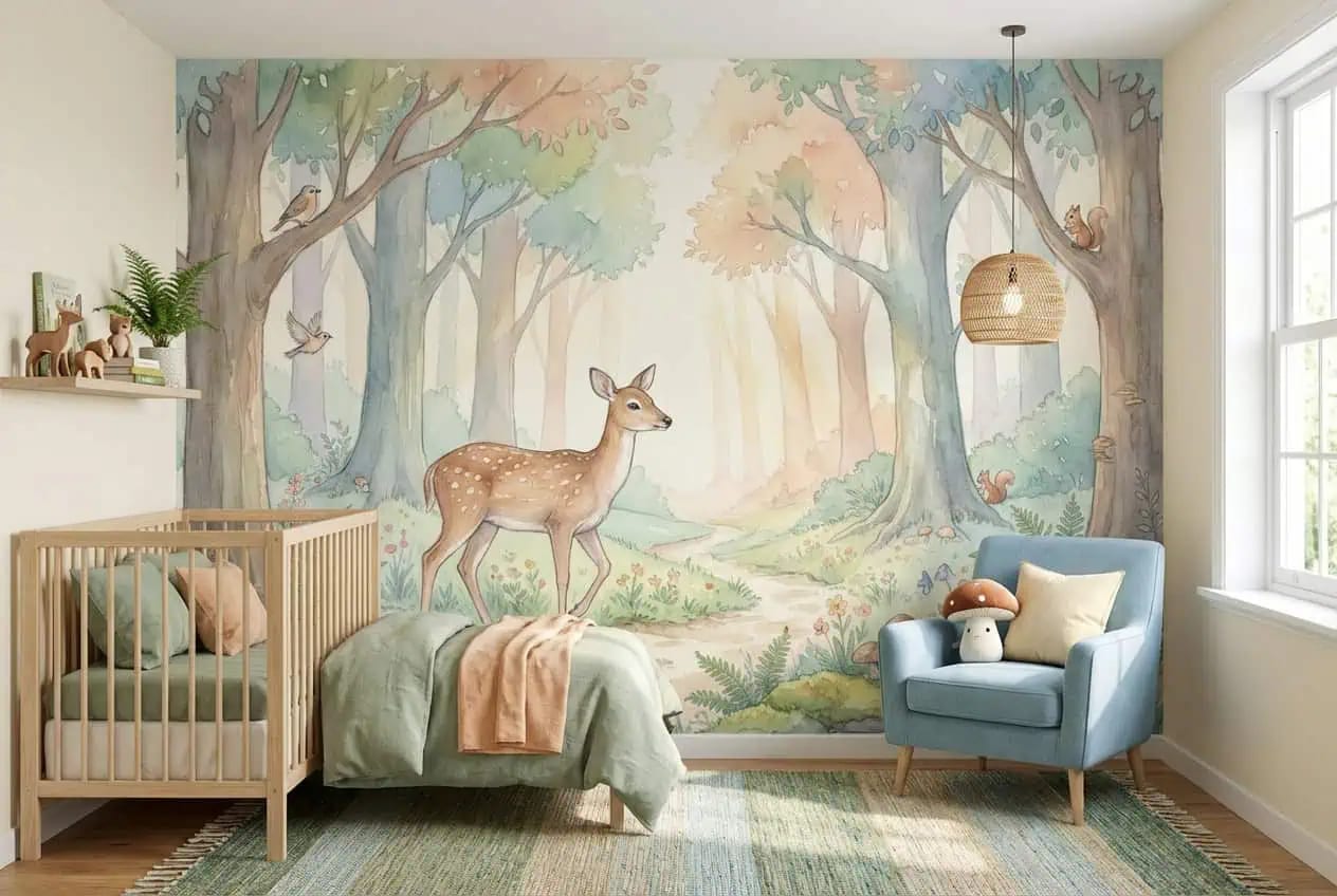 bos behang hert pastel achter ledikant en fauteuil in kinderkamer