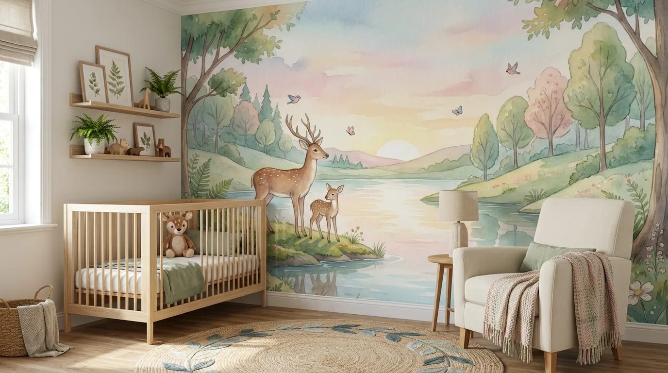 bos behang herten pastel achter ledikant in kinderkamer