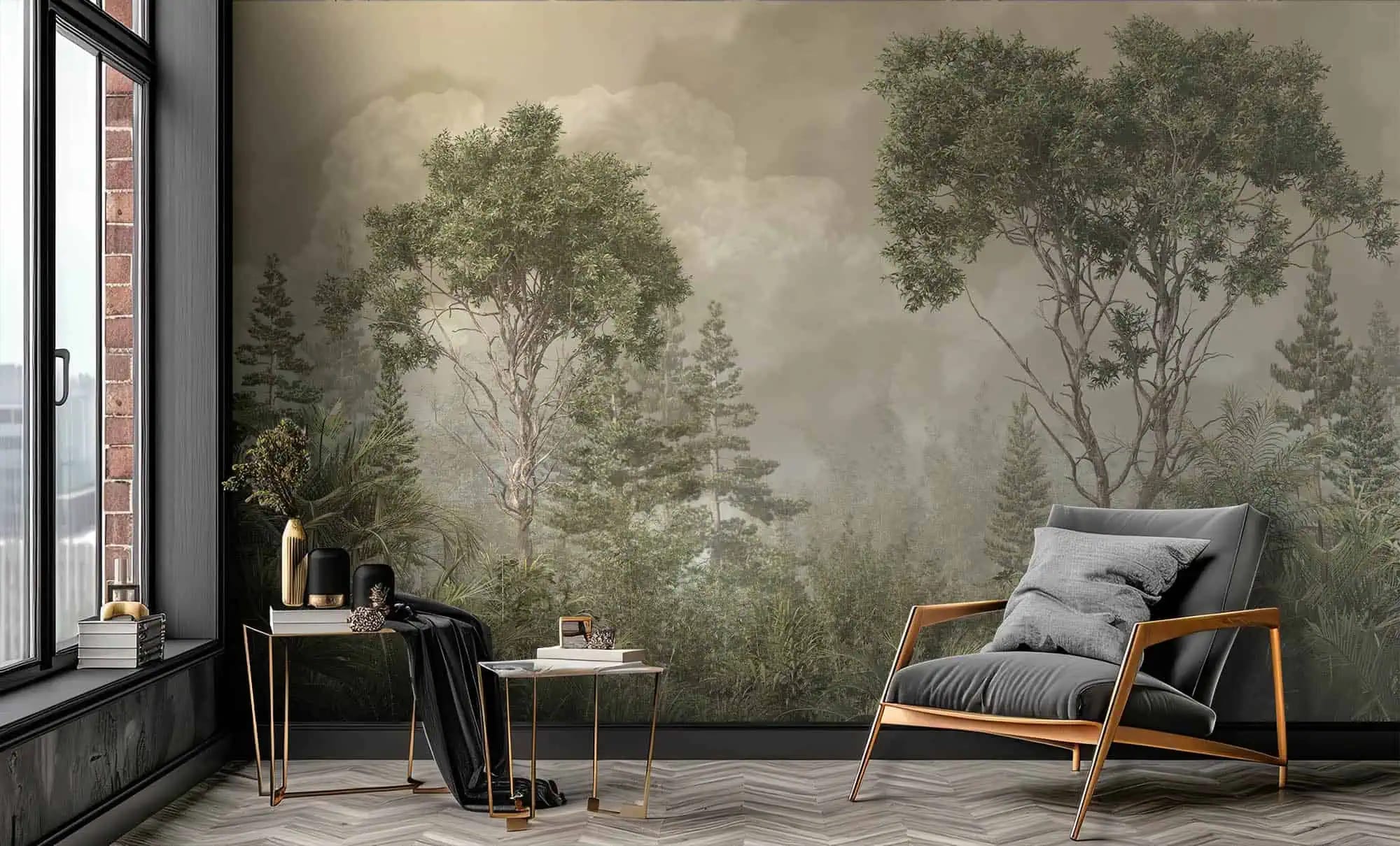 bos behang mistig achter fauteuil in moderne woonkamer